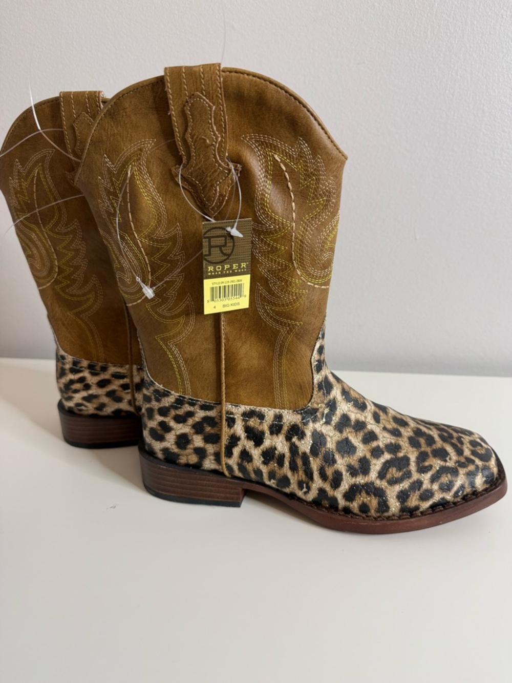 ROPER GIRLS' GLITTER LEOPARD PRINT WESTERN BOOTS - BROAD SQUARE TOE size 4 NWT - Picture 4 of 7